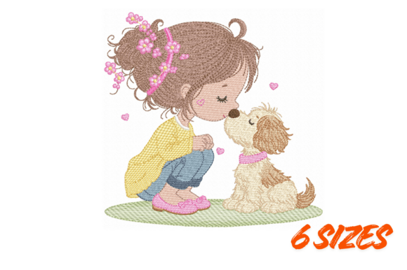 Download Sweet Girl &amp; Puppy Embroidery Art - Premium Resources