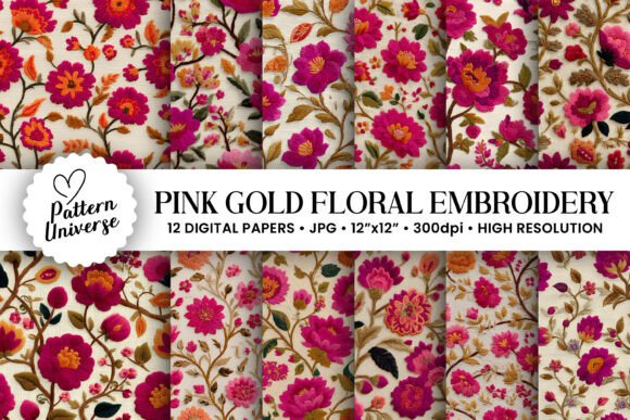 Download Pink Gold Floral Embroidery Pattern - Embroidery Collection